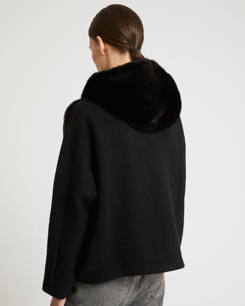 Belted down jacket in waterproof technical fabric with fox and rabbit fur - black - Yves Salomon