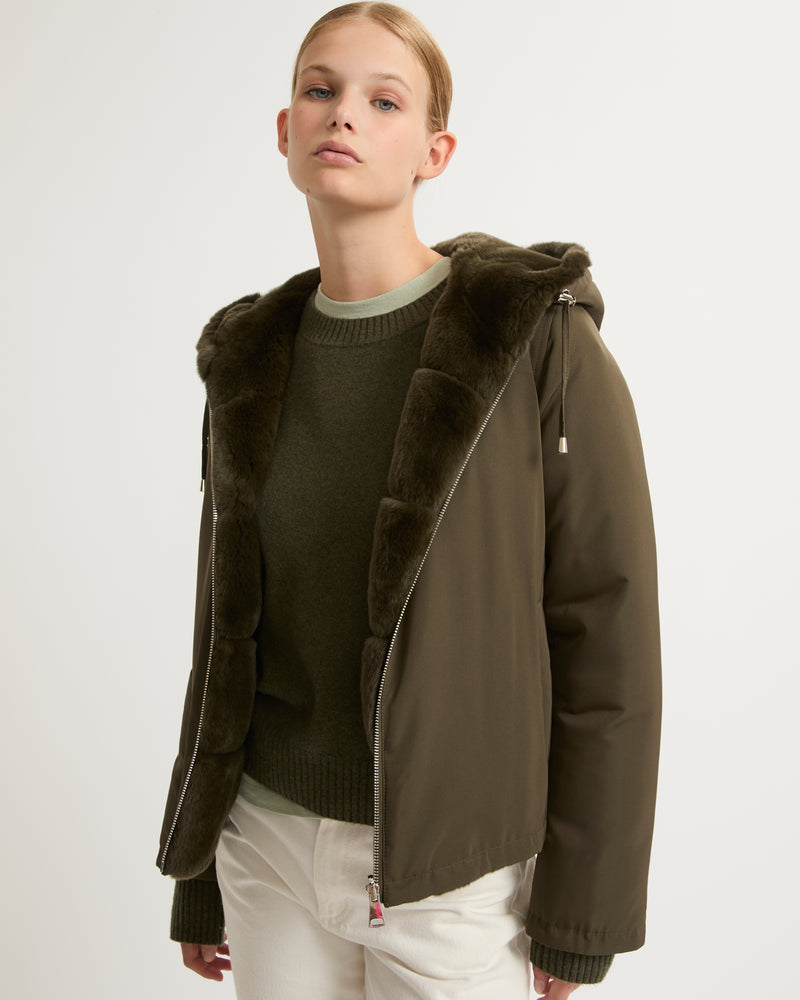 Short reversible parka in fabric and rex rabbit fur - khaki - Yves Salomon