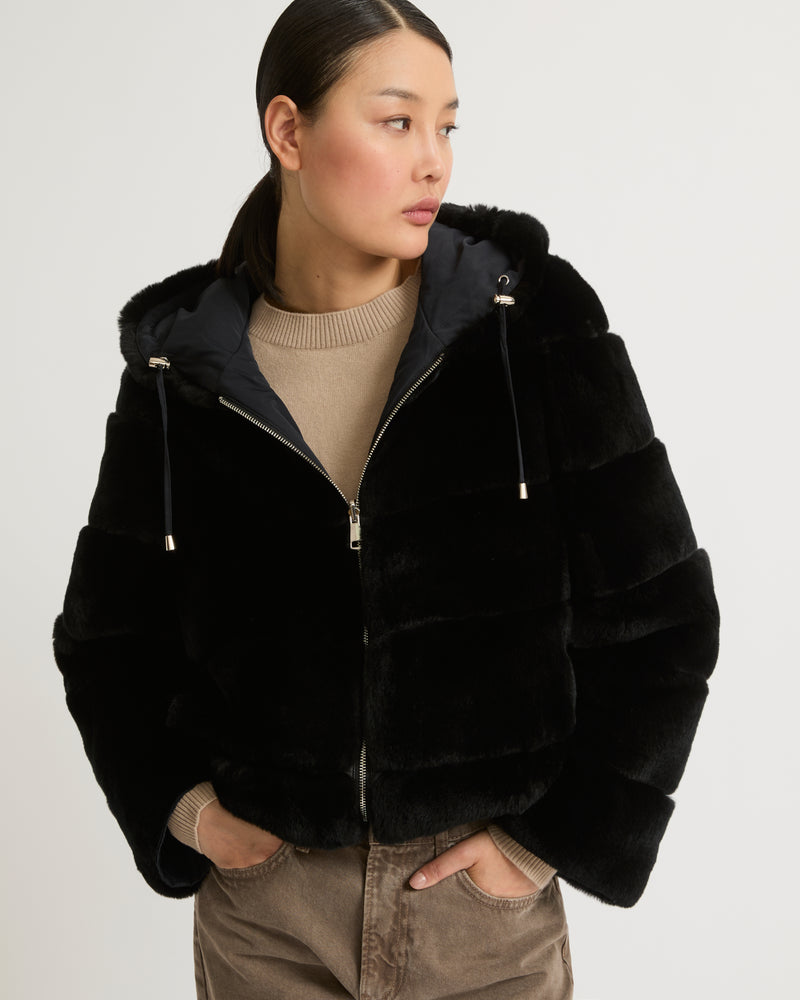 Short reversible parka in fabric and rex rabbit fur - black - Yves Salomon