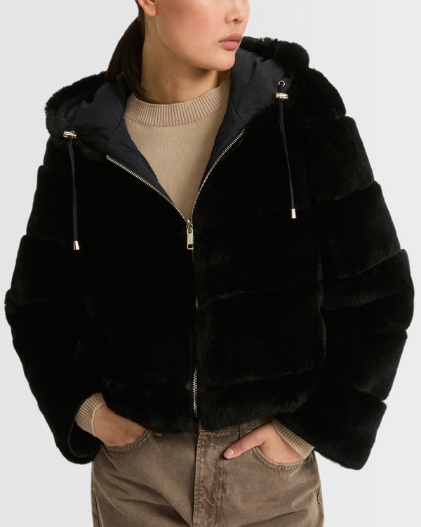 Short reversible parka in fabric and rex rabbit fur