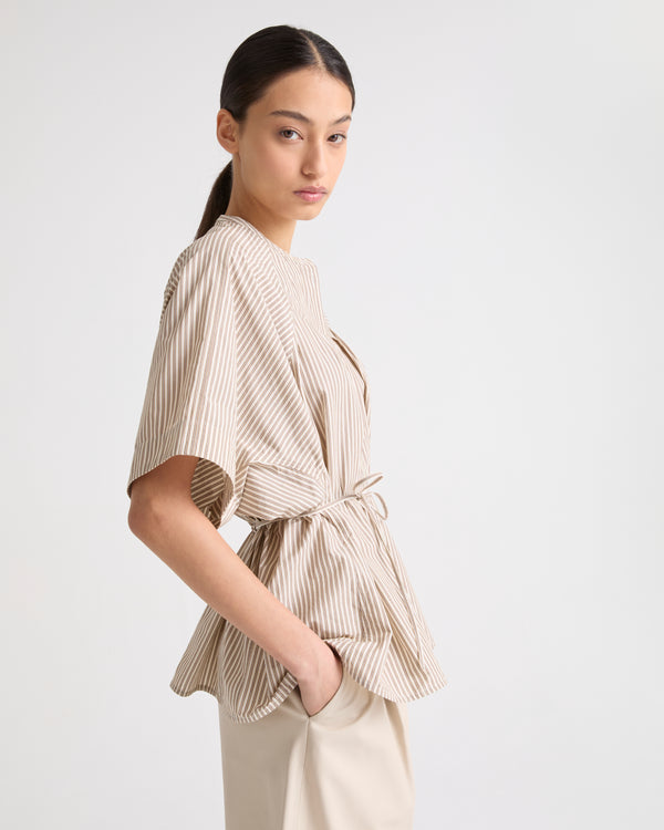 Pleated shirt in striped cotton poplin