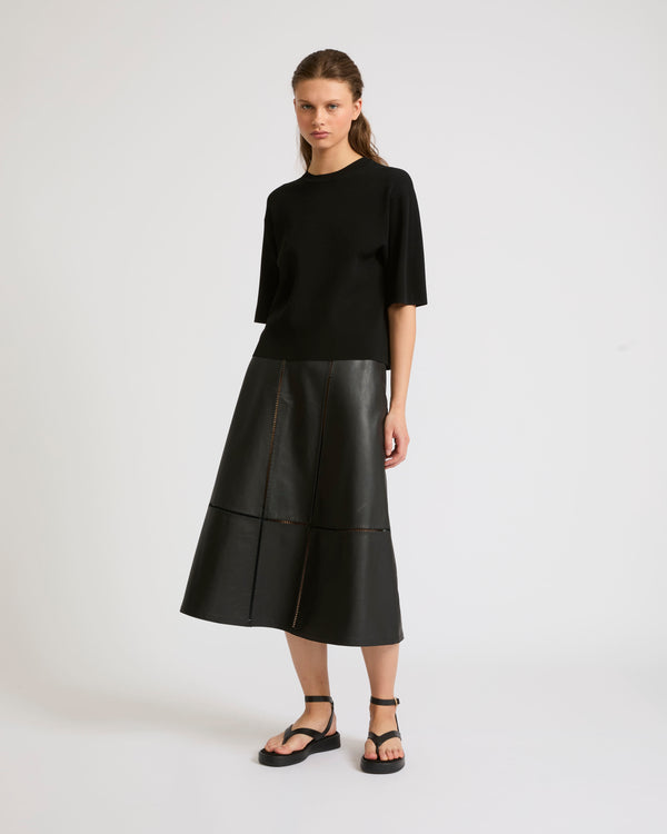 Lamb leather panel skirt with ladder stitch