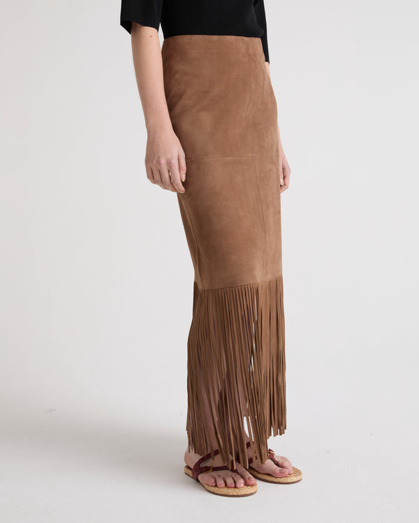 Fringed maxi skirt in double-sided velour lamb leather