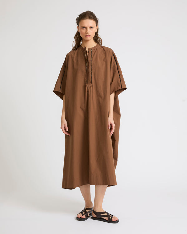 Cotton poplin kaftan dress with leather inserts