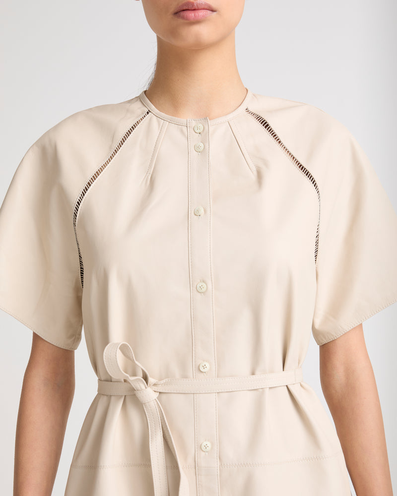 Lamb leather belted dress with ladder stitch