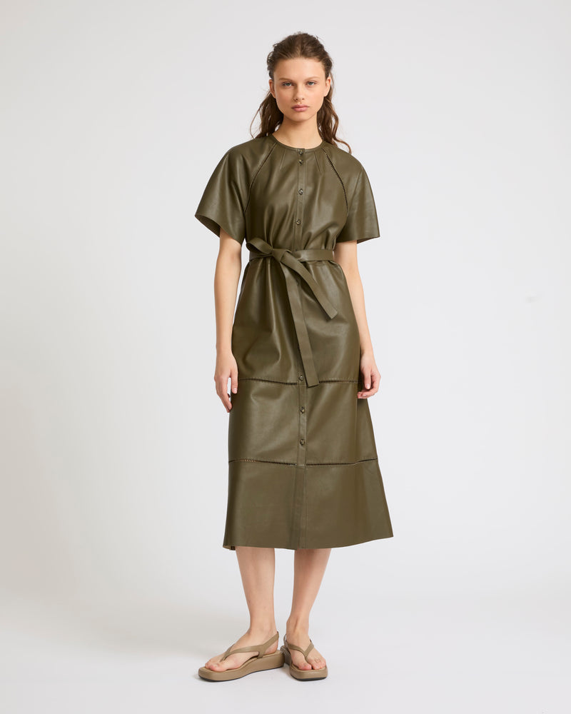 Lamb leather belted dress with ladder stitch