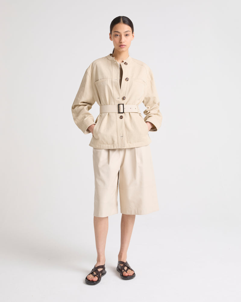 Belted jacket in cotton-linen fabric