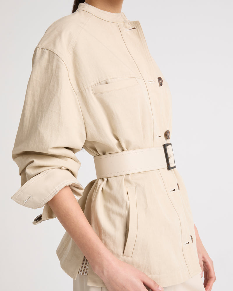 Belted jacket in cotton-linen fabric