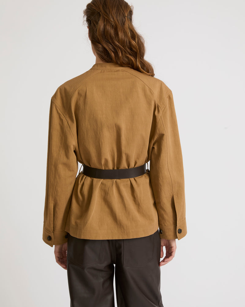 Belted jacket in cotton-linen fabric