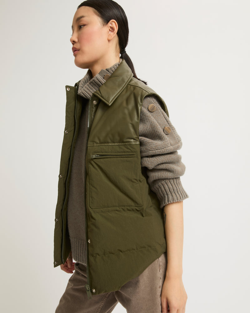 Down gilet in leather and technical fabric blend-Yves Salomon-Winter sale & boxing day