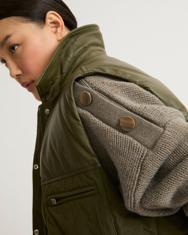 Down gilet in leather and technical fabric blend-Yves Salomon-Winter sale & boxing day