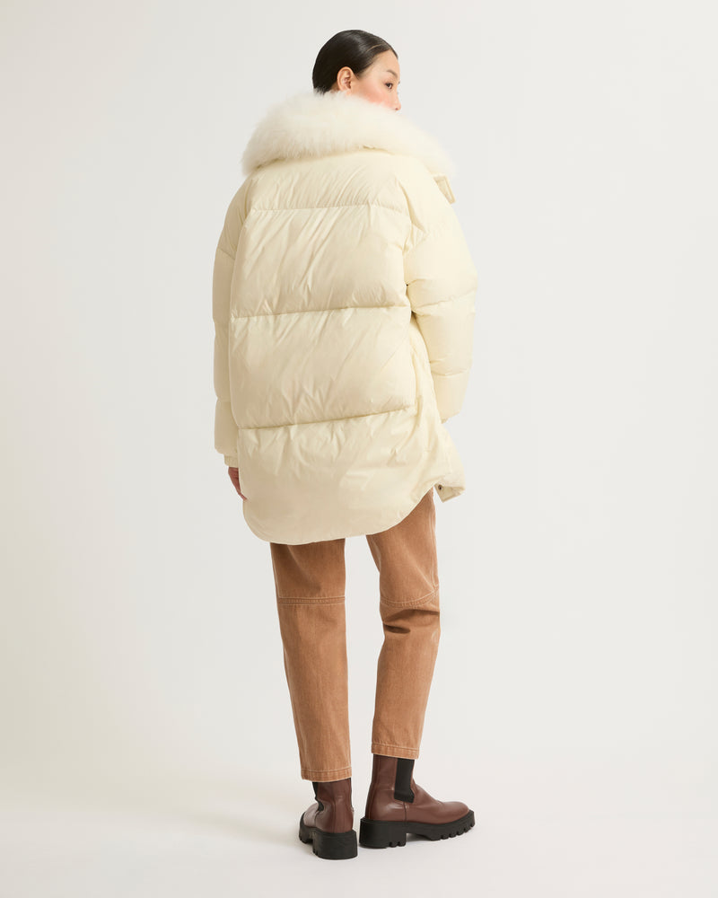 Stand collar down jacket with fluffy lambswool trim - white - Yves Salomon