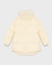 Stand collar down jacket with fluffy lambswool trim