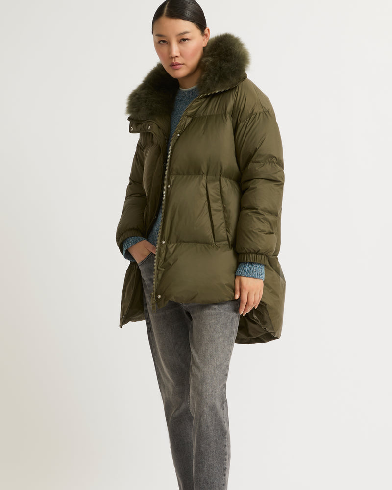 Stand collar down jacket with fluffy lambswool trim - khaki green - Yves Salomon