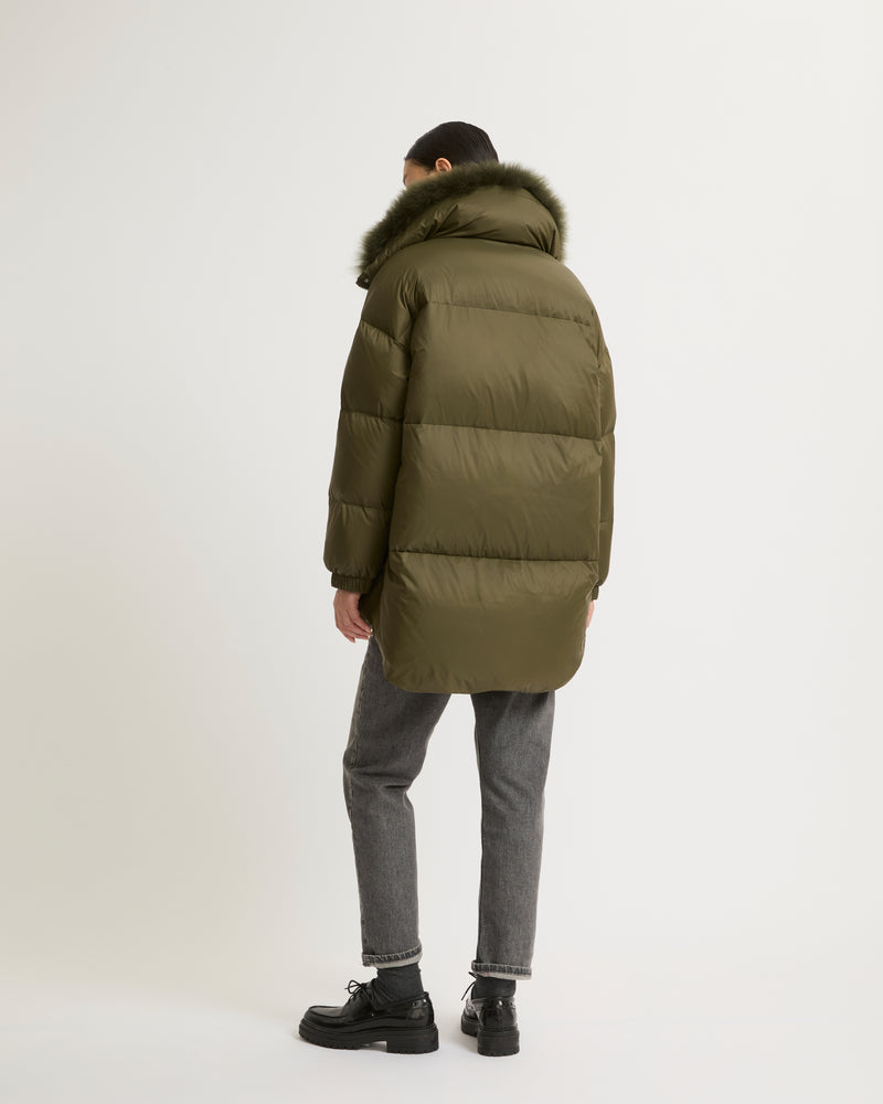 Stand collar down jacket with fluffy lambswool trim - khaki green - Yves Salomon