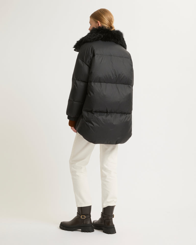 Stand collar down jacket with fluffy lambswool trim - black - Yves Salomon