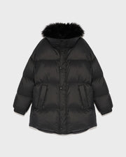 Stand collar down jacket with fluffy lambswool trim