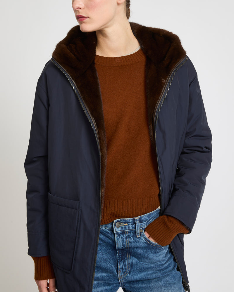 Mink reversible technical fabric parka