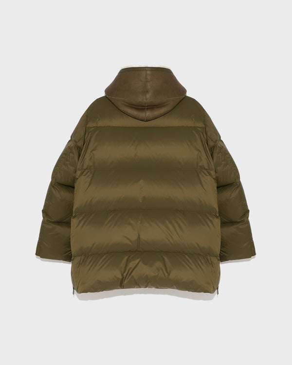 Hooded down jacket in nylon and lamb