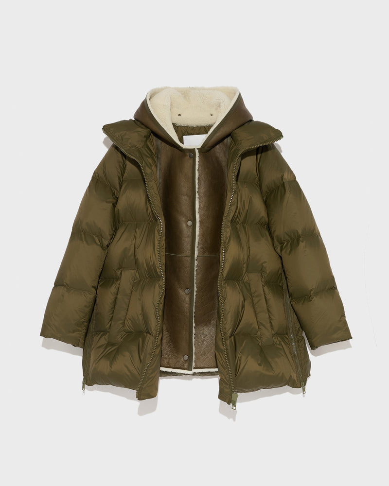 Hooded down jacket in nylon and lamb - khaki green - Yves Salomon