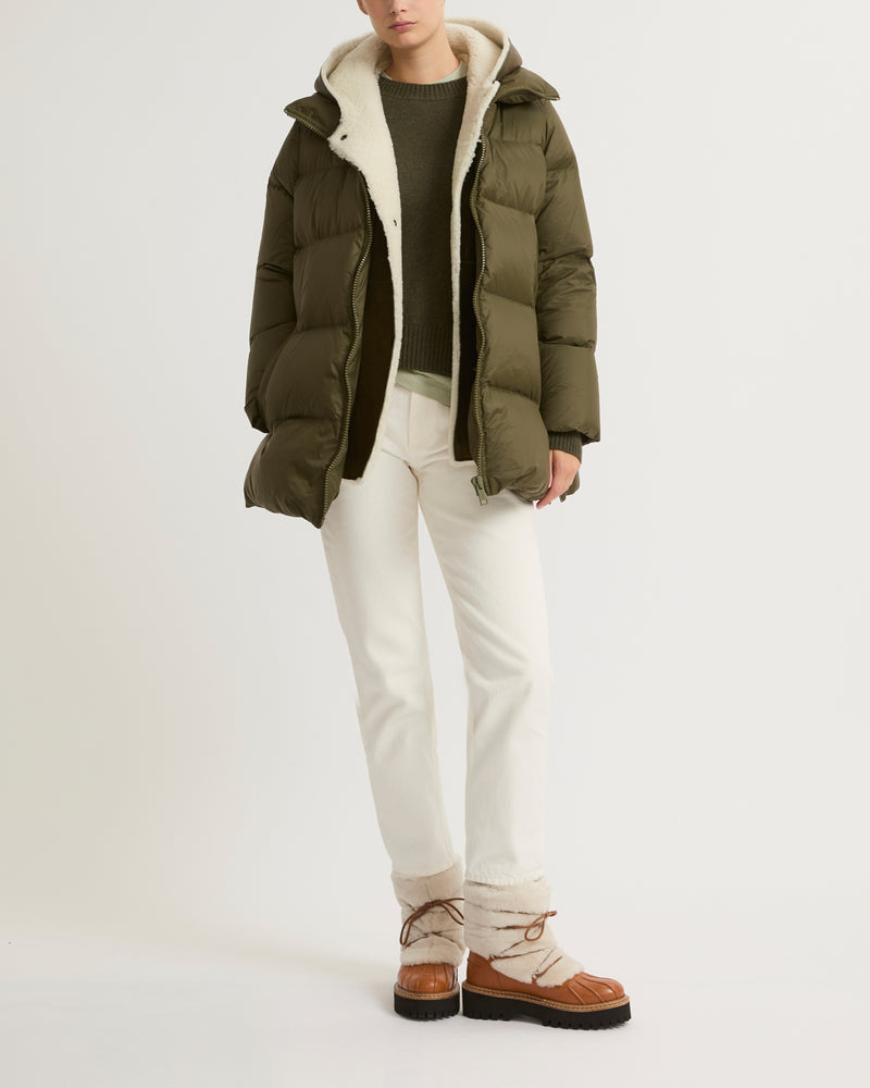 Hooded down jacket in nylon and lamb