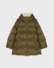 Hooded down jacket in nylon and lamb