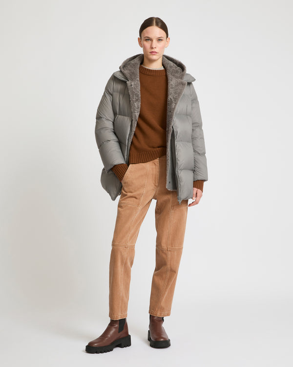 Hooded down jacket in nylon and lamb - grey - Yves Salomon