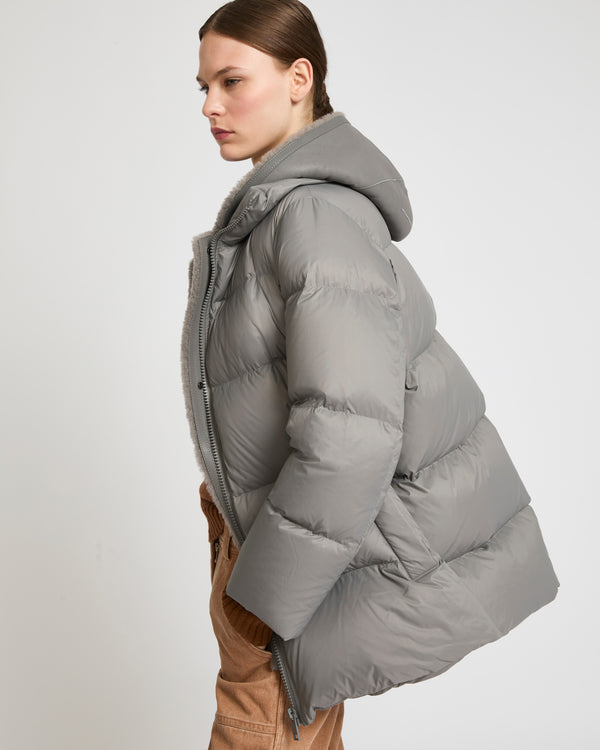 Hooded down jacket in nylon and lamb - grey - Yves Salomon