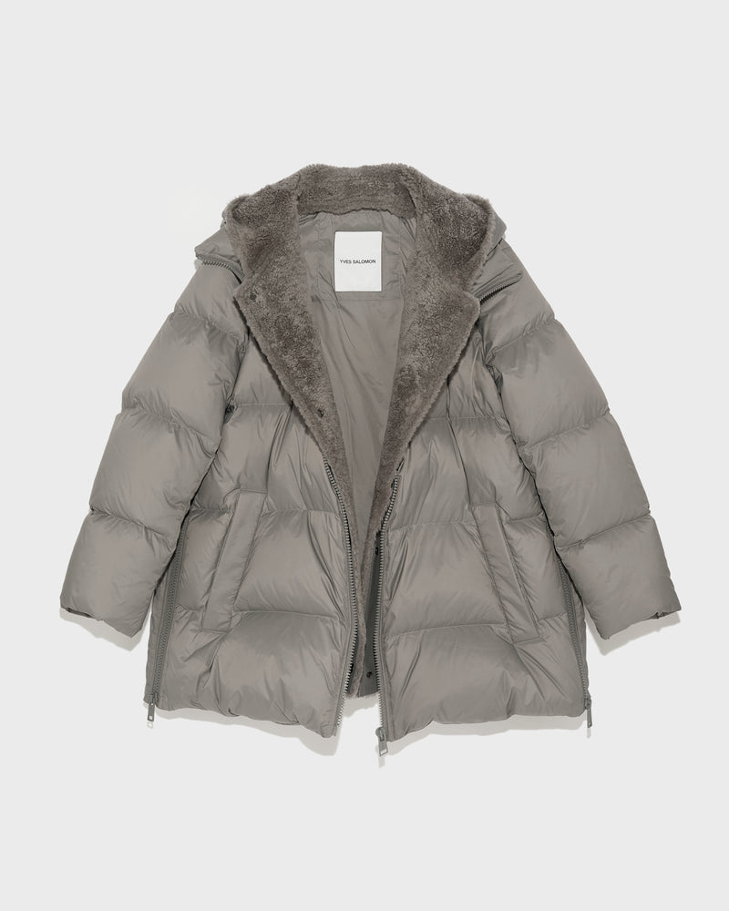 Hooded down jacket in nylon and lamb - grey - Yves Salomon