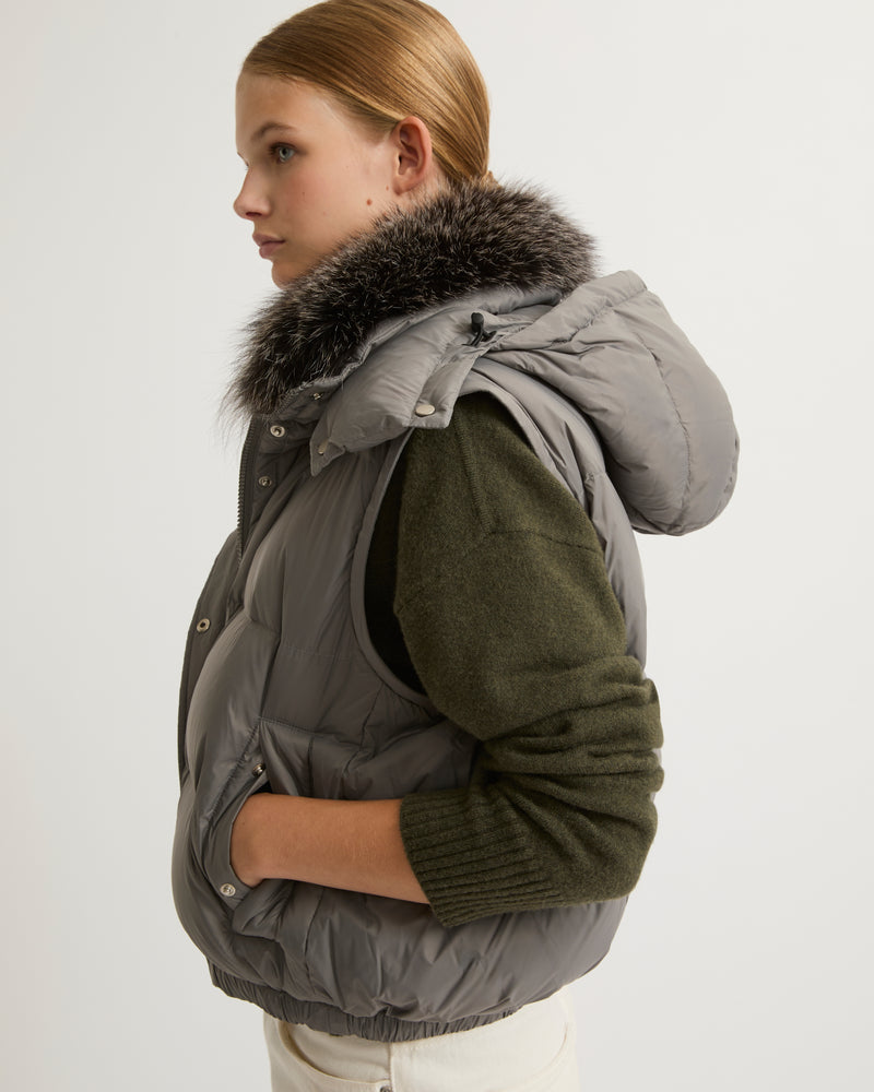 Short down jacket with fox fur collar - grey - Yves Salomon