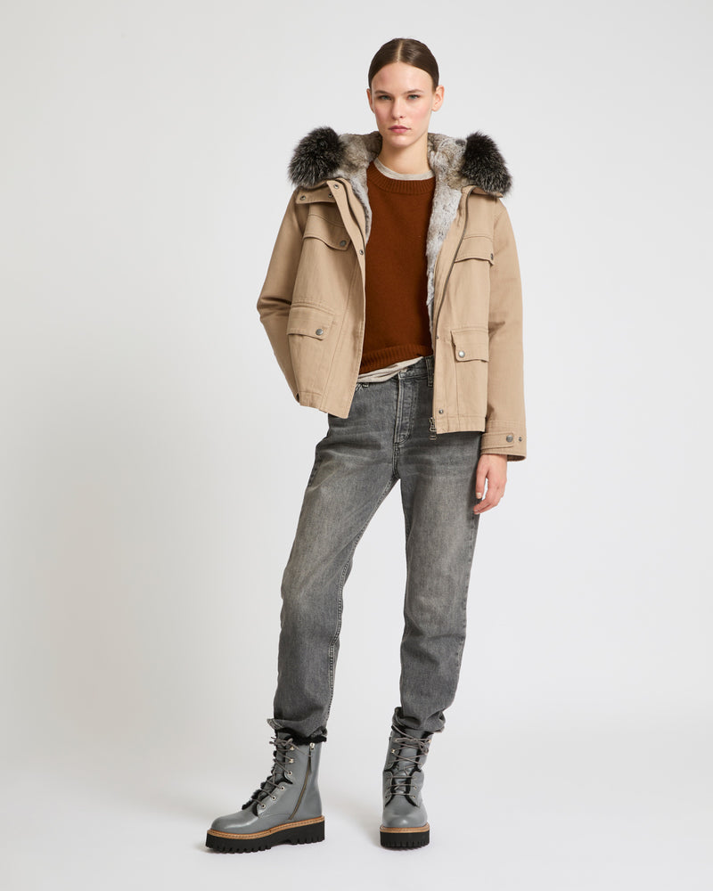 Short parka in cotton and fur - light beige - Yves Salomon