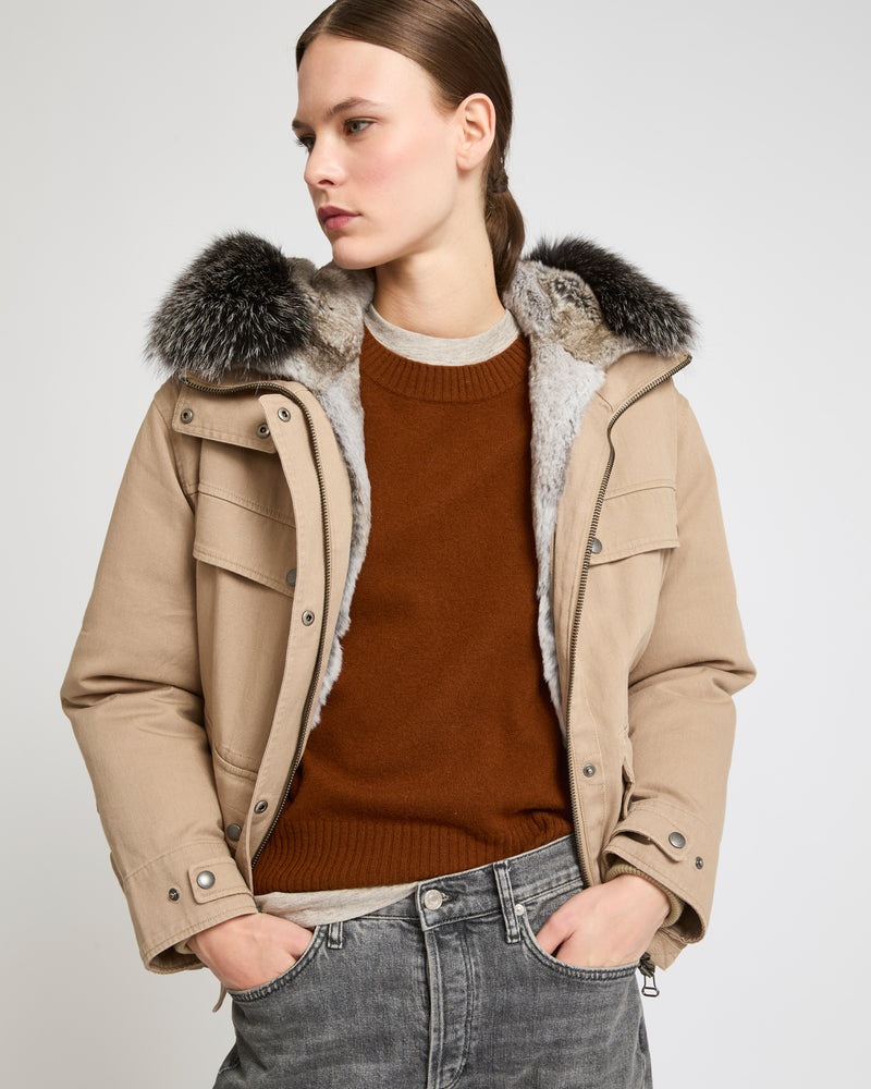 Short parka in cotton and fur - light beige - Yves Salomon