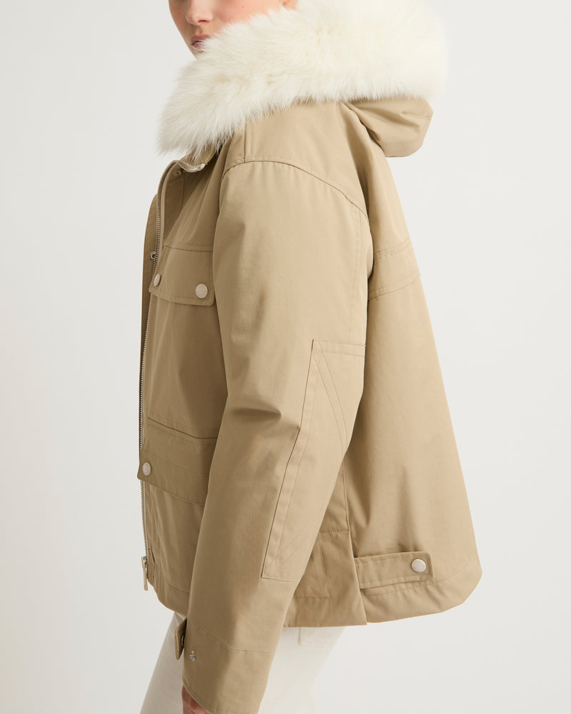 Short parka in cotton blend with fox and rabbit fur