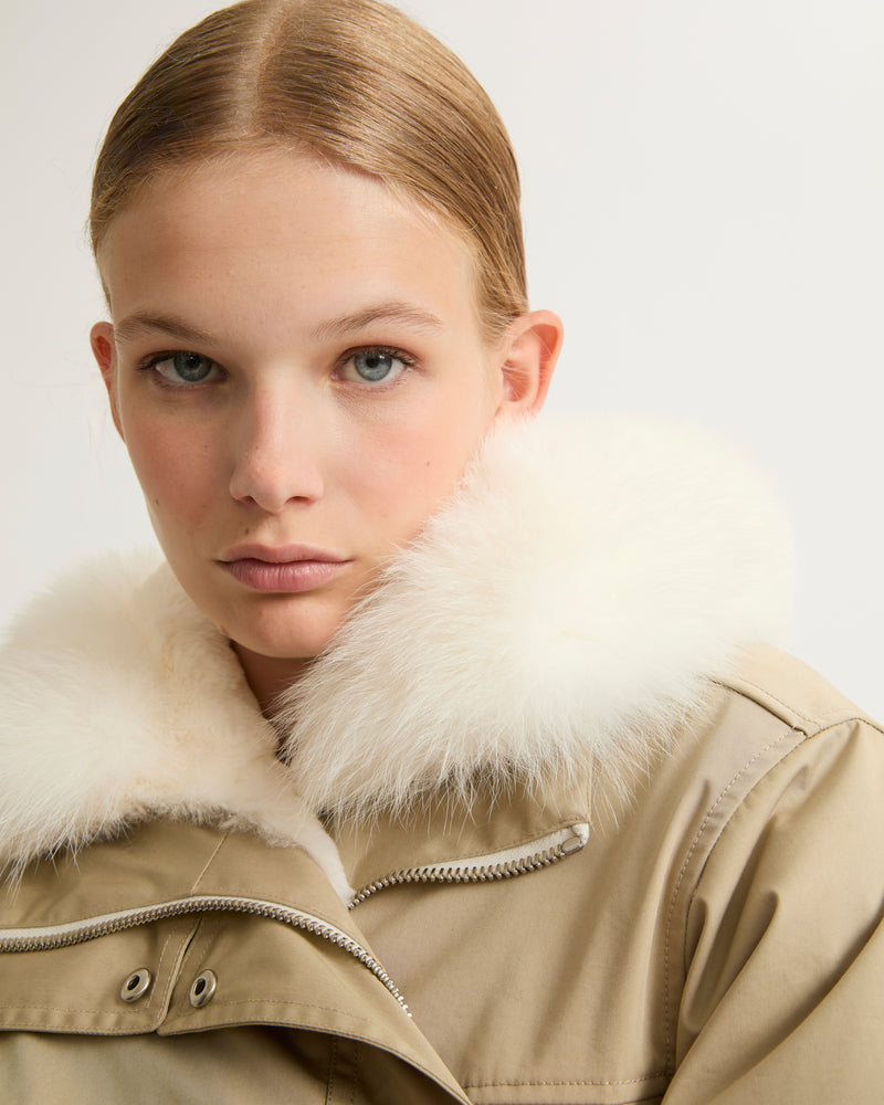 Short parka in cotton blend and fur - beige - Yves Salomon