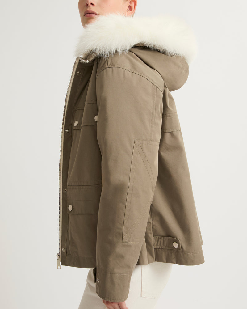 Short parka in cotton blend with fox and rabbit fur