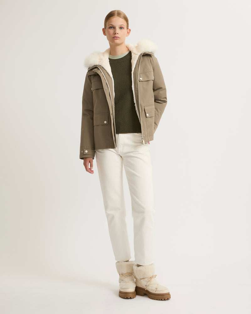 Short parka in cotton blend and fur