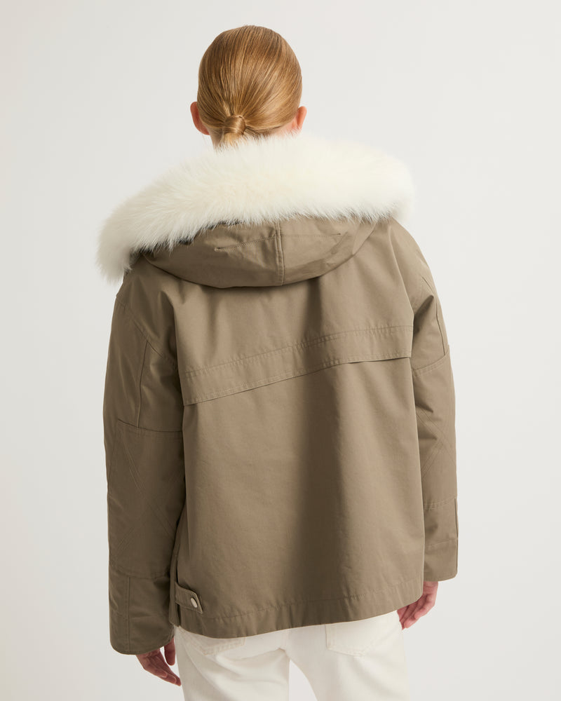 Short parka in cotton blend and fur