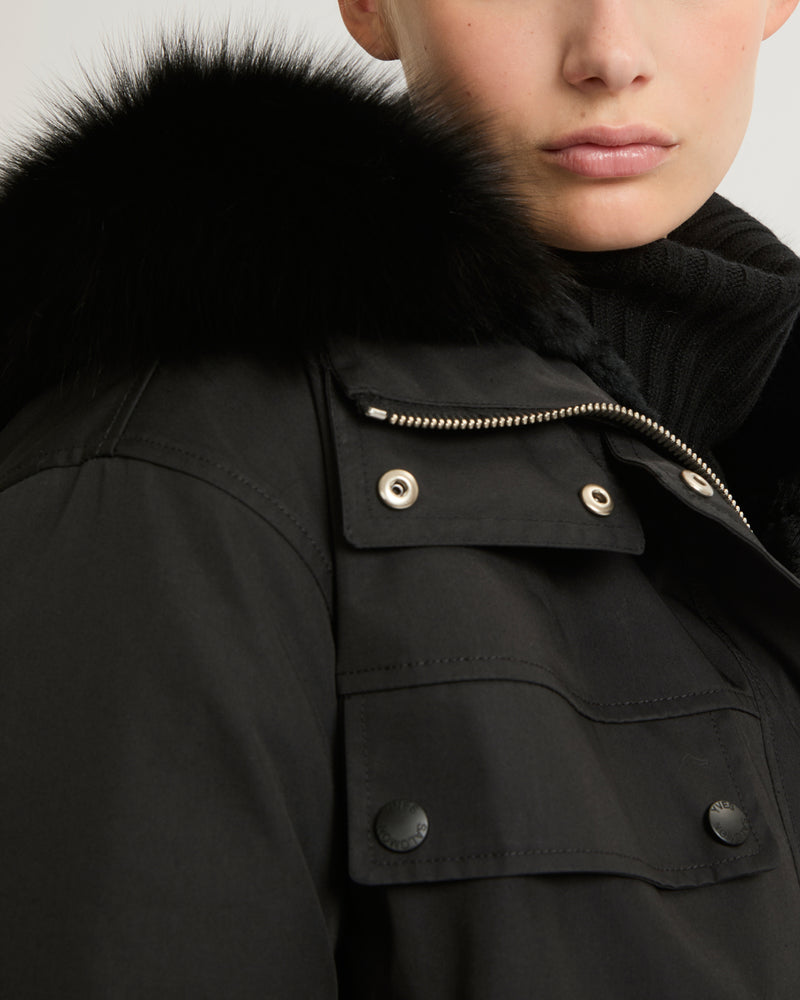 Short parka in cotton blend with fox and rabbit fur