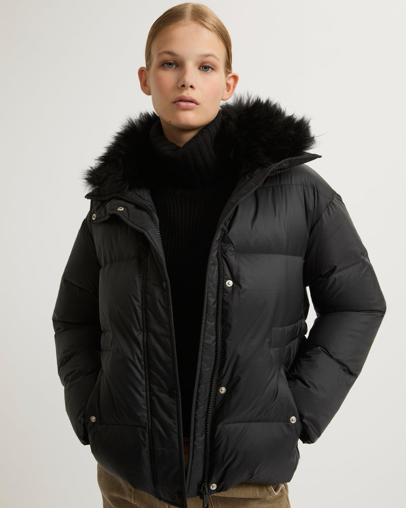 Down jacket with fluffy lambswool trim - black - Yves Salomon