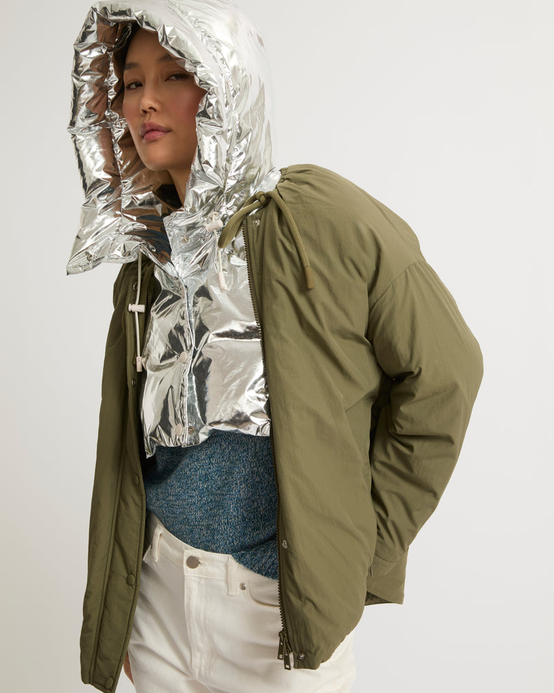 Short down jacket with drawstring neck - khaki - Yves Salomon