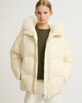 Hooded down jacket with fluffy lambswool trim