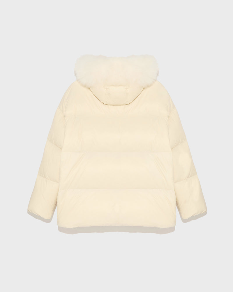 Hooded down jacket with fluffy lambswool trim - white - Yves Salomon