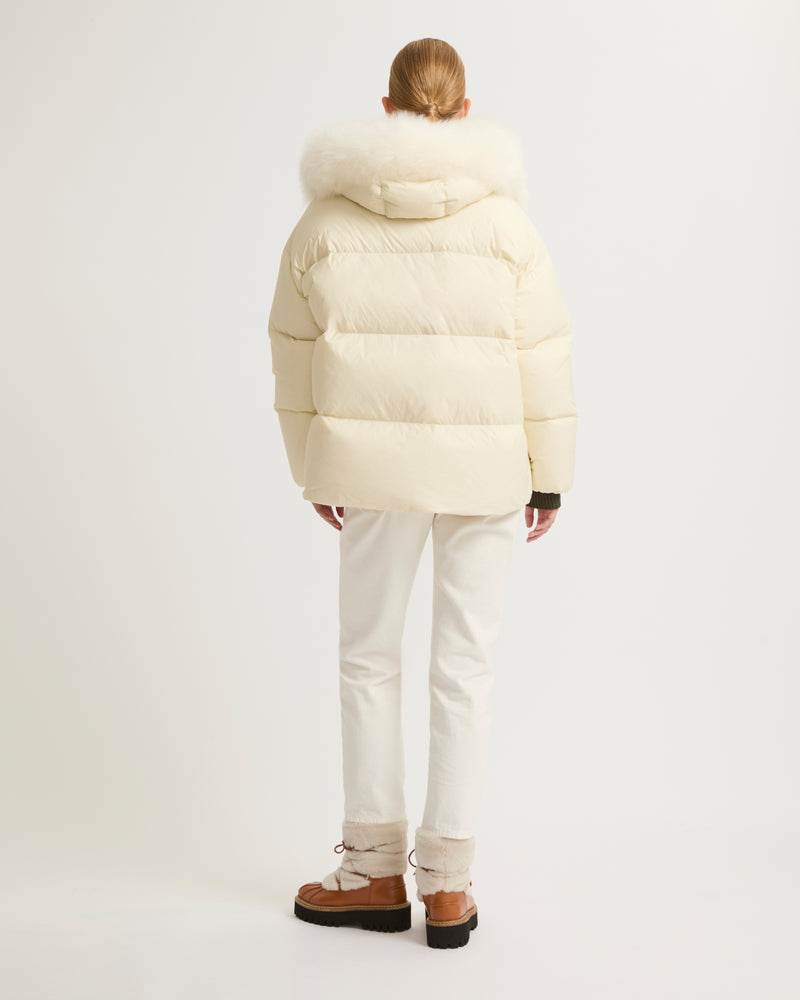 Hooded down jacket with fluffy lambswool trim - white - Yves Salomon