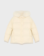 Hooded down jacket with fluffy lambswool trim