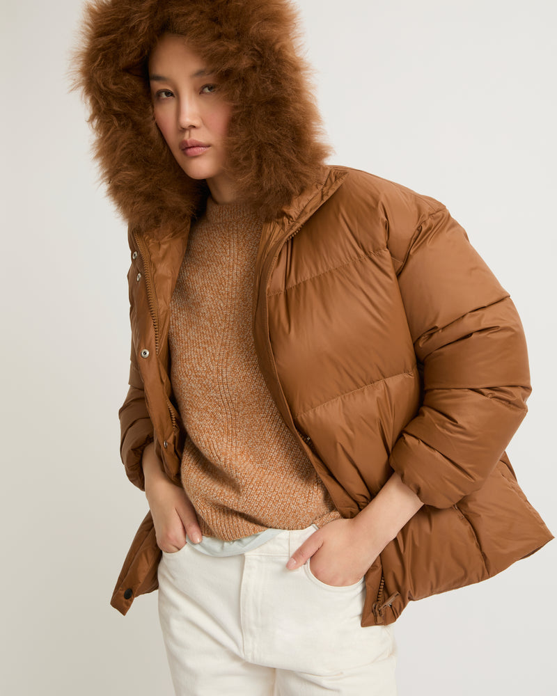 Hooded down jacket with fluffy lambswool trim - brown - Yves Salomon