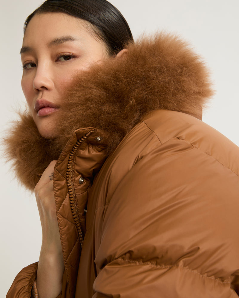 Hooded down jacket with fluffy lambswool trim - brown - Yves Salomon