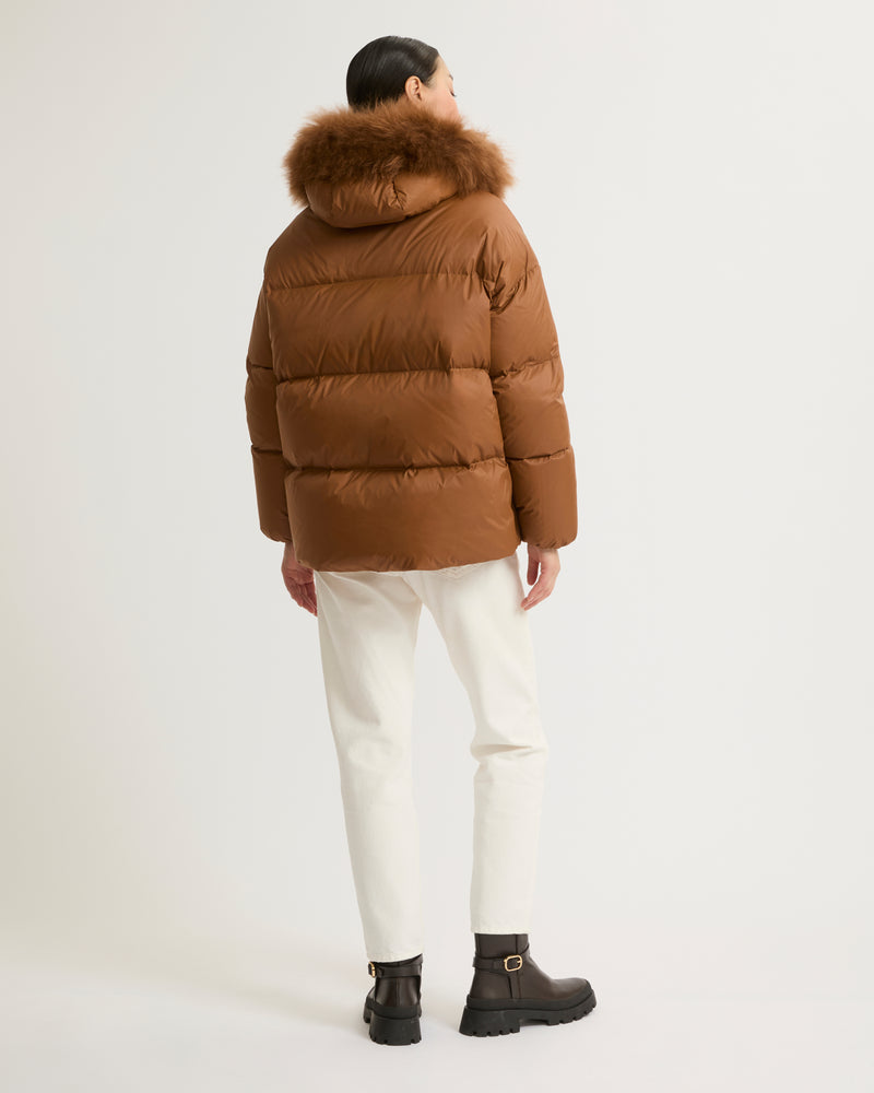 Hooded down jacket with fluffy lambswool trim - brown - Yves Salomon