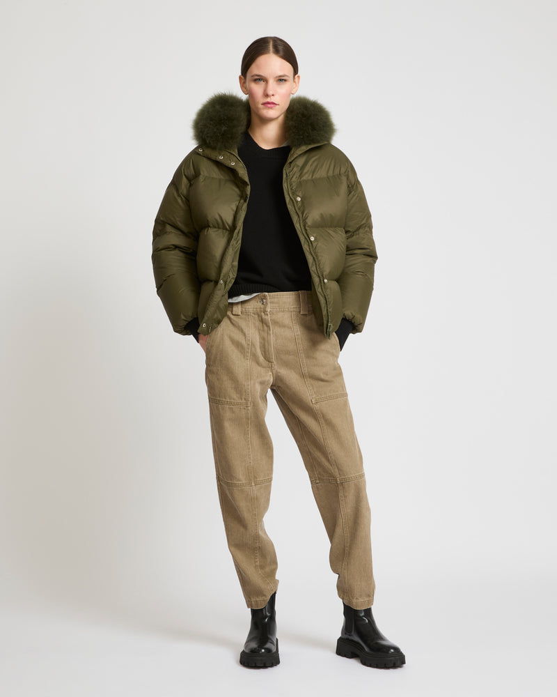 Hooded down jacket with fluffy lambswool trim - khaki green - Yves Salomon