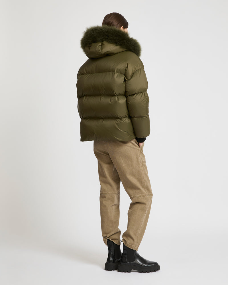 Hooded down jacket with fluffy lambswool trim - khaki green - Yves Salomon