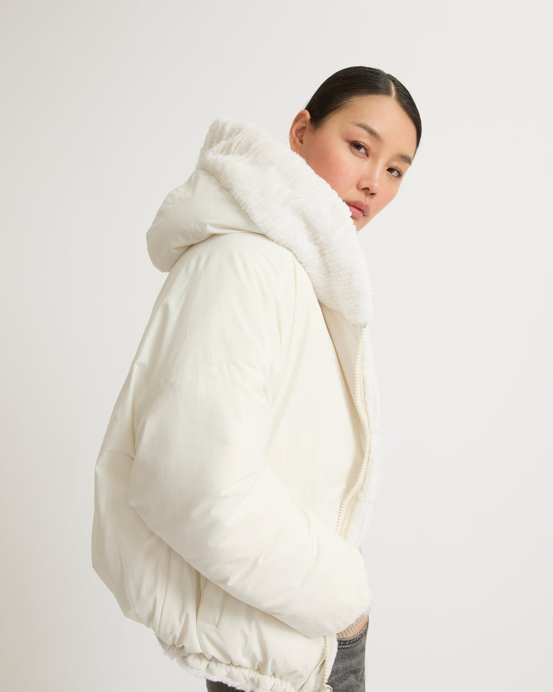 Short hooded down jacket in technical fabric reversible ribbed rex rabbit fur - white - Yves Salomon